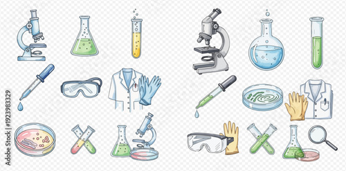 Hand-drawn illustrations of various laboratory items for scientific experiments and research.