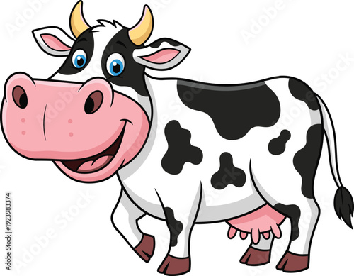 Happy Cartoon Cow Illustration Isolated on White Background Cute Spotted Dairy Farm Animal Character for Children Education and Mascot Design
