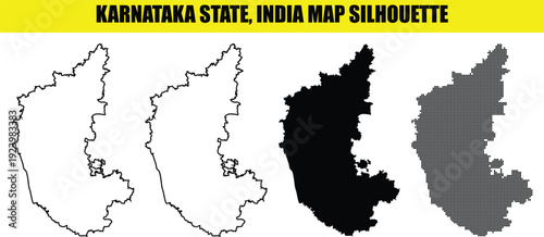 Karnataka state india map silhouette set including outline solid black and pixelated dot pattern on transparent background