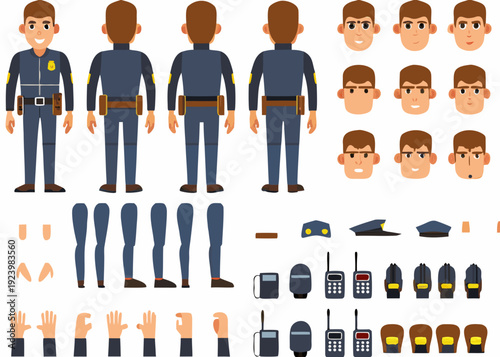 Cartoon police officer character design sheet with various poses and accessories