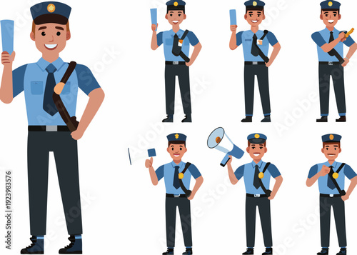 Cartoon police officer character set in various poses and with equipment