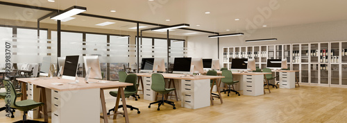 Quadro em tela 3D rendering of a modern open plan office interior workstation and meeting room