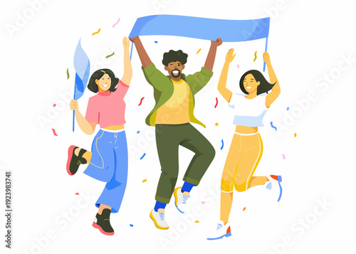 Three joyful people celebrating with a banner and confetti falling