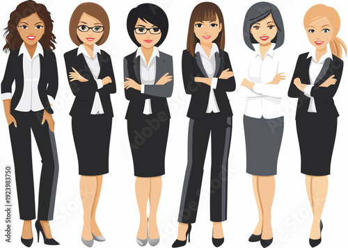 Diverse group of six professional women in business attire posing confidently