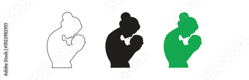 A heartwarming silhouette vector set of a mother holding her newborn baby close, showing tender moments of love and connection, isolated on a white background.