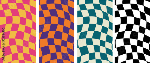 Retro Groovy Wavy Checkerboard Pattern Background in four color Vector Illustration