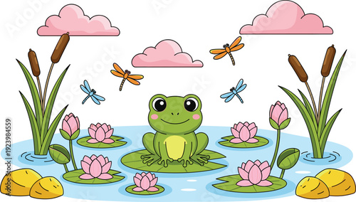 Cute Frog Sitting on Lily Pad with Dragonflies Pond Nature Illustration