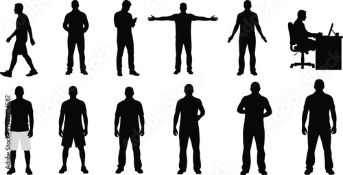 Male Silhouettes Set with Man Walking Standing Using Phone Sitting at Desk Working and Posing in Various Casual Everyday Poses