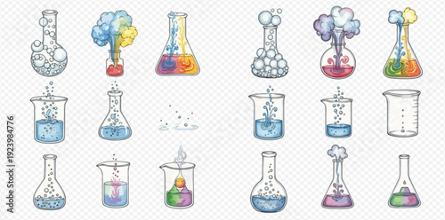 A collection of hand-drawn chemistry laboratory glassware with various chemical reactions and experiments.