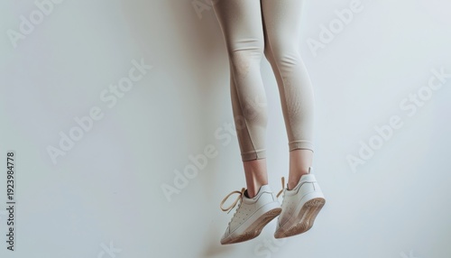 Stylish legs in fashionable sneakers hanging against a plain wall showcase modern casual footwear and expressive urban fashion trends