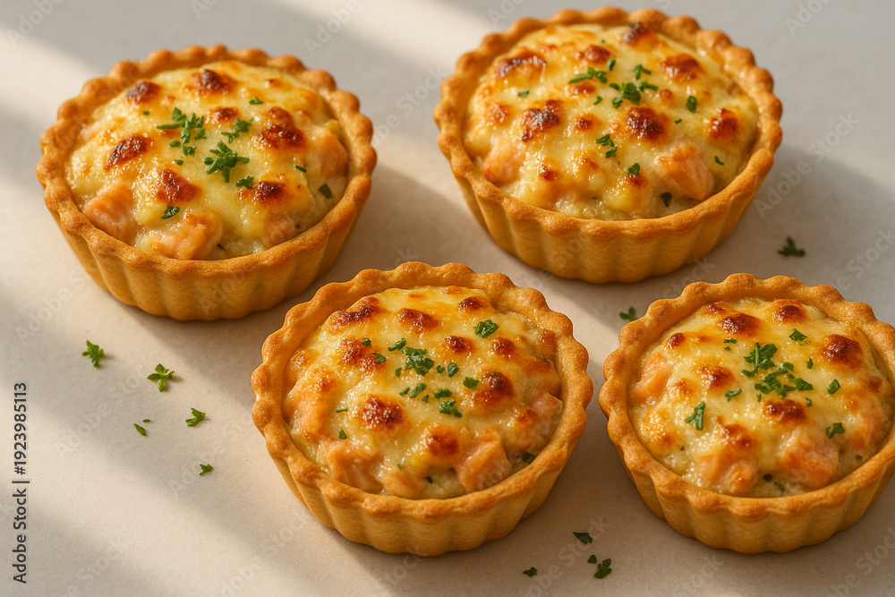Fototapeta premium Group of Four Savory Mini Quiches with Melted Cheese and Herbs
