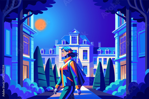 Baroque architecture, girl, night, moon, neon, flickering, vector, tourism, banner, Europe, travel, romance.