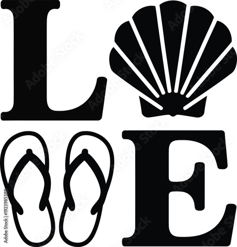 Black silhouette of love with flip flops and seashell