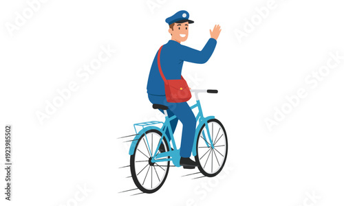 Male Postman Waving Hand While Riding Bicycle with Mail Bag