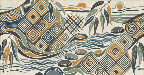 Abstract indigenous art pattern featuring earthy tones and organic shapes