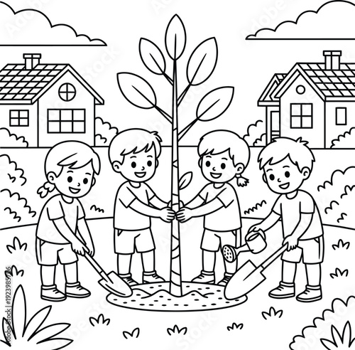 Four children planting a young tree together in a residential area with houses