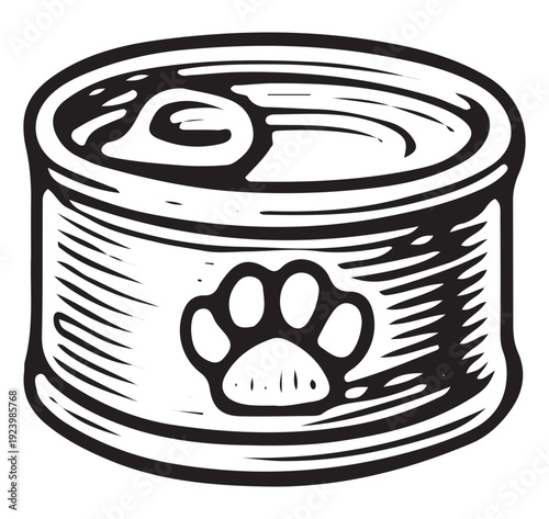 Hand Drawn Pet Food Can Paw Print Vintage Art