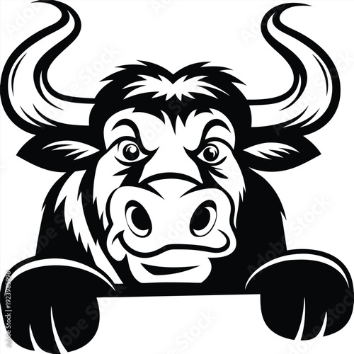 Cartoon bull head smiles with prominent horns in a monochrome stylistic image