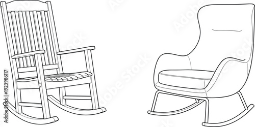 Classic wooden and modern upholstered rocking chairs set, flat vector illustration isolated on white background design