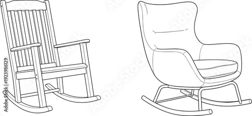 Classic wooden rocking chair and modern upholstered rocking armchair, flat vector illustration isolated on white background furniture design concept