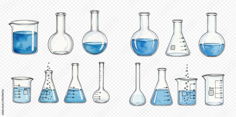 Obraz premium Hand-drawn watercolor set of laboratory flasks and beakers for science experiments.