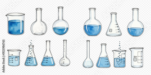 Hand-drawn watercolor set of laboratory flasks and beakers for science experiments.
