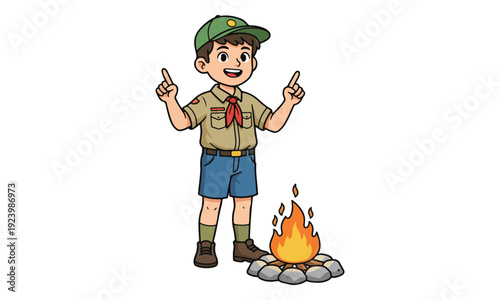 Boy Scout Cartoon Character Pointing Up Next to Campfire