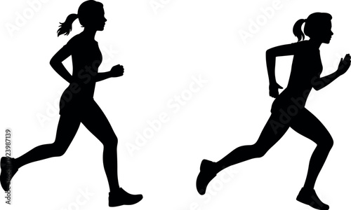Art & IllustrationBlack silhouettes of two active women running and jogging in profile view isolated on white background, perfect for fitness, marathon, and healthy lifestyle designs.