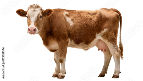 Brown and white dairy cow isolated on white or transparent background, full body farm animal for agriculture design.
