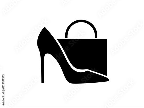 Silhouette of high-heeled shoe and handbag side by side, bold fashion design.