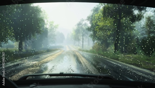 Rainy day drive through a lush green forest with water droplets on the windshield and soft sunlight filtering through the trees