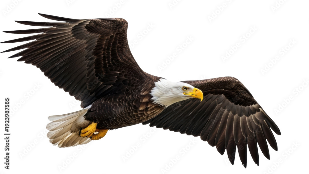 Fototapeta premium Isolated Bald Eagle in flight showing wingspan, American symbol of freedom and strength