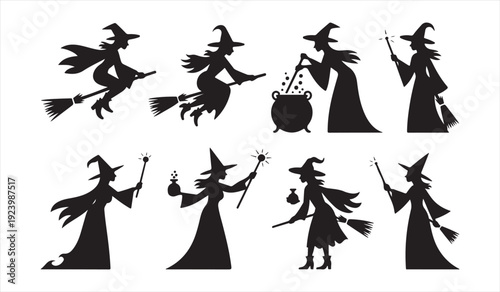 Spooky Halloween Witch Silhouettes with Broom and Magic Elements