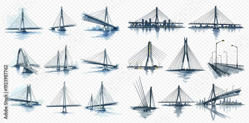 A collection of artistic watercolor sketches featuring various modern cable-stayed bridges.
