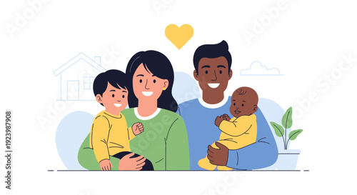 Happy Diverse Family Illustration: Smiling Multiracial Parents with Two Children and Baby, Representing Love, Home, and Parenthood