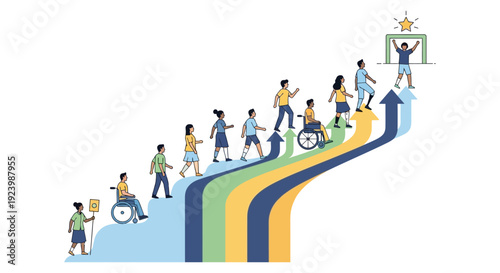 Diverse Group Progressing Towards Success: Inclusive Journey of Growth, Achievement, and Empowerment
