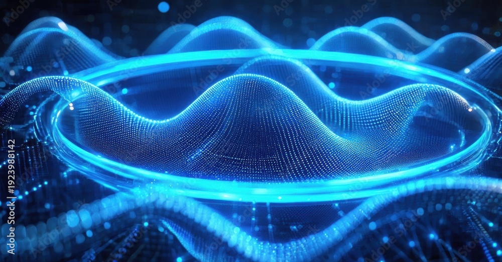 Fototapeta premium Abstract blue waves, digital network. Glowing lines create futuristic visual effect. Dark background emphasizes bright energy flow.