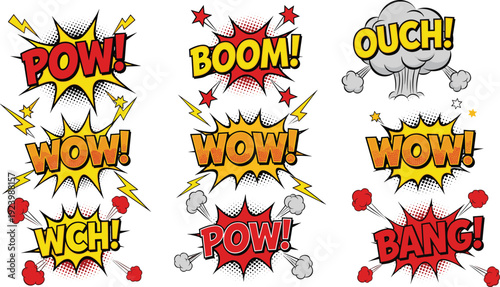 Comic book speech bubbles with sound effects like boom pow wow bang and ouch isolated on white background