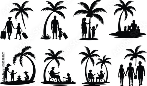 People enjoying vacation with palm trees in tropical paradise getaway