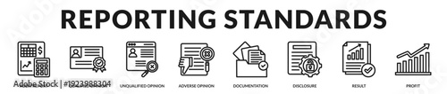 Reporting standards framework presenting formal opinion structures and transparent documentation principles in Lineal Icon Style