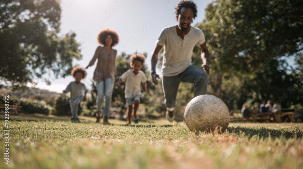 Fototapeta premium Family plays soccer in the park