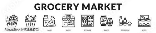 Grocery market theme highlighting fresh assortment, daily essentials, and structured retail presentation in Lineal Icon Style