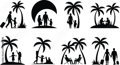 Happy family enjoying tropical vacation with palm trees and beach activities