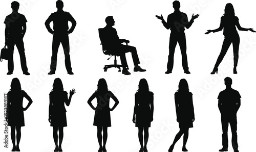 Business People Silhouettes Collection in Various Standing and Sitting Poses Isolated on White Background