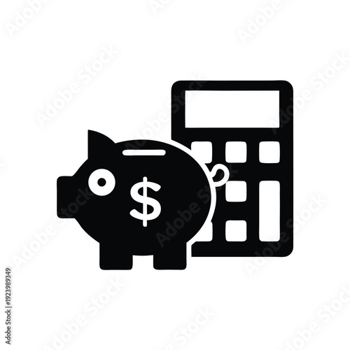 Black piggy bank with a dollar sign sits beside a calculator icon
