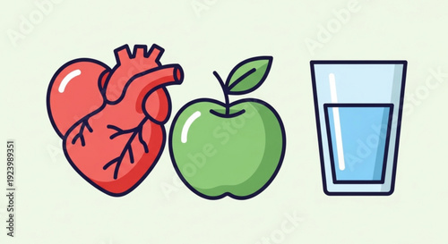Healthy lifestyle symbols with heart green apple and glass of water for wellness and nutrition concepts
