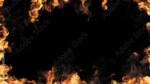 Cinematic fire frame with realistic orange burning flames and thick smoke bordering a black copy space center for heat power and destruction design on transparent background
