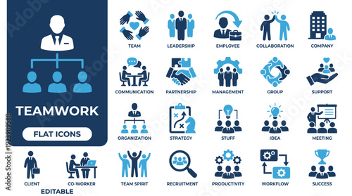 Teamwork icon set. featuring collaboration, leadership, strategy, communication, productivity, and organization. Perfect for HR, business, management, and corporate presentation designs.