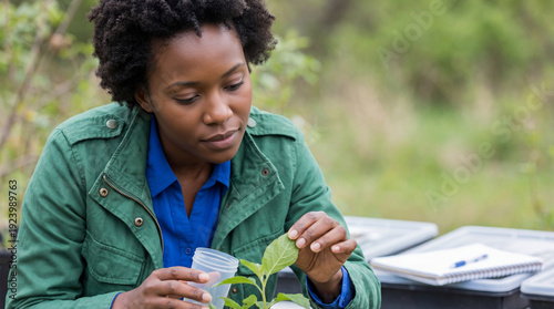 Female botanist examining a plant leaf in the field. Black woman scientist conducting biological research outdoors. Science and environmental conservation concept