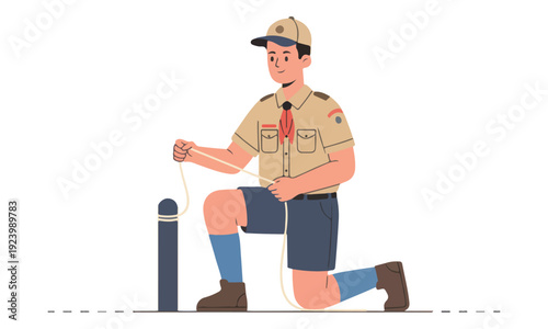 Scout Boy Kneeling Tying Rope Knot on Post Flat Illustration